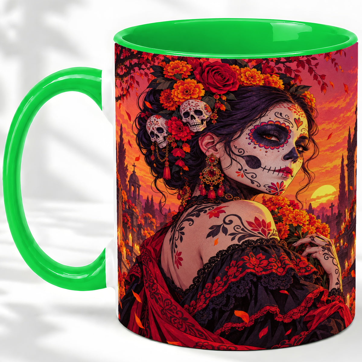#pl[11oz|Green] Cemetery Sugar Skull Woman Ceramic Mug, Sunset Floral Artwork