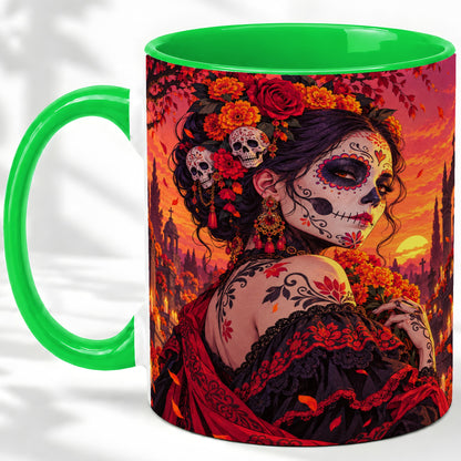 #pl[11oz|Green] Cemetery Sugar Skull Woman Ceramic Mug, Sunset Floral Artwork