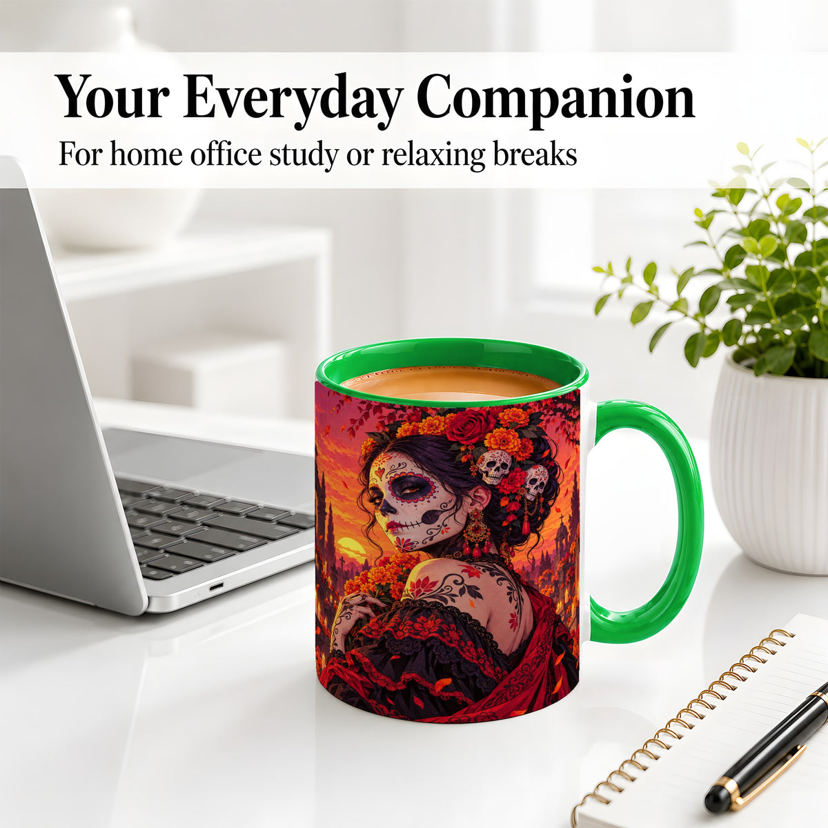 #pl[11oz|Green] Cemetery Sugar Skull Woman Ceramic Mug, Sunset Floral Artwork