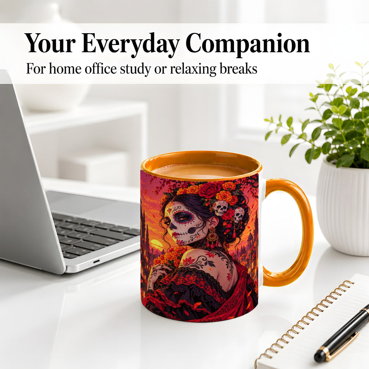 #pl[11oz|Orange] Cemetery Sugar Skull Woman Ceramic Mug, Sunset Floral Artwork