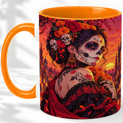 #pl[11oz|Orange] Cemetery Sugar Skull Woman Ceramic Mug, Sunset Floral Artwork