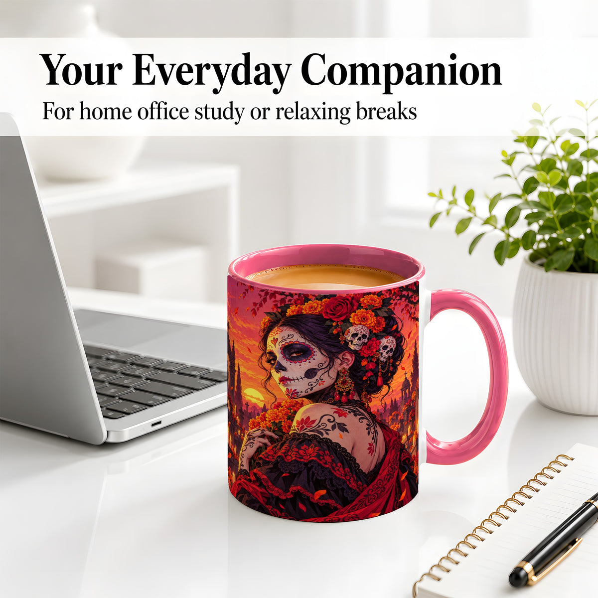#pl[11oz|Pink] Cemetery Sugar Skull Woman Ceramic Mug, Sunset Floral Artwork