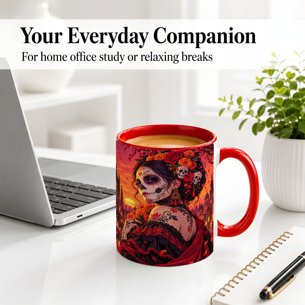 #pl[11oz|Red] Cemetery Sugar Skull Woman Ceramic Mug, Sunset Floral Artwork