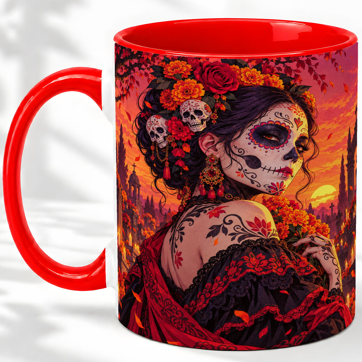 Cemetery Sugar Skull Woman Ceramic Mug, Sunset Floral Artwork