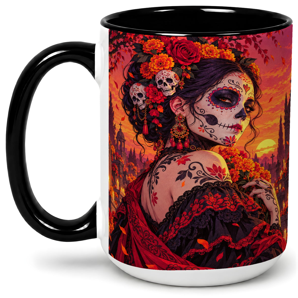#pl[15oz|Black] Cemetery Sugar Skull Woman Ceramic Mug, Sunset Floral Artwork