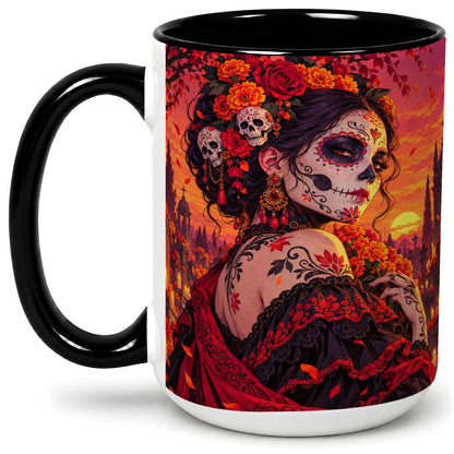 #pl[15oz|Black] Cemetery Sugar Skull Woman Ceramic Mug, Sunset Floral Artwork