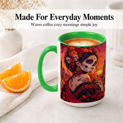 #pl[15oz|Green] Cemetery Sugar Skull Woman Ceramic Mug, Sunset Floral Artwork