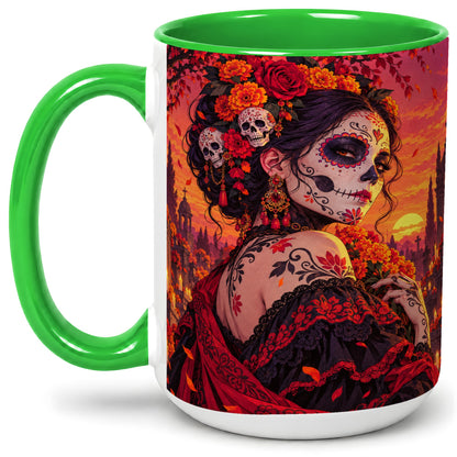 #pl[15oz|Green] Cemetery Sugar Skull Woman Ceramic Mug, Sunset Floral Artwork