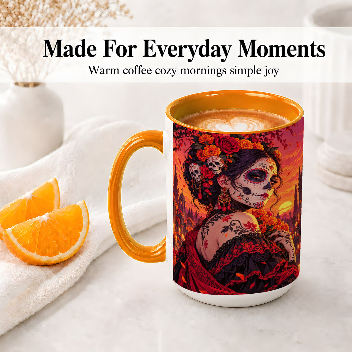 #pl[15oz|Orange] Cemetery Sugar Skull Woman Ceramic Mug, Sunset Floral Artwork