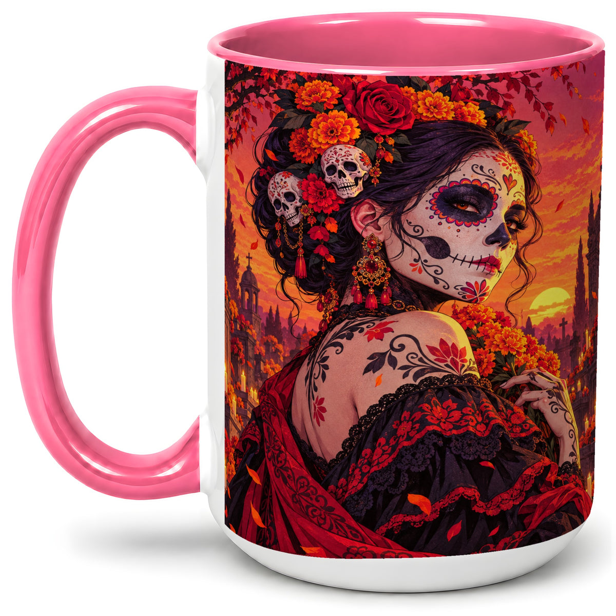 #pl[15oz|Pink] Cemetery Sugar Skull Woman Ceramic Mug, Sunset Floral Artwork