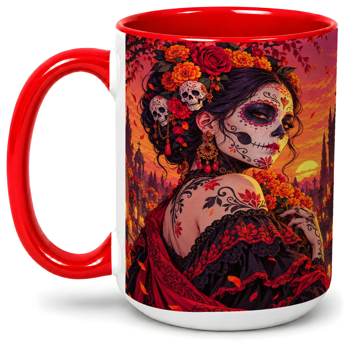 #pl[15oz|Red] Cemetery Sugar Skull Woman Ceramic Mug, Sunset Floral Artwork