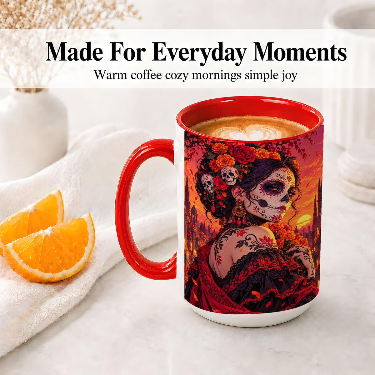#pl[15oz|Red] Cemetery Sugar Skull Woman Ceramic Mug, Sunset Floral Artwork