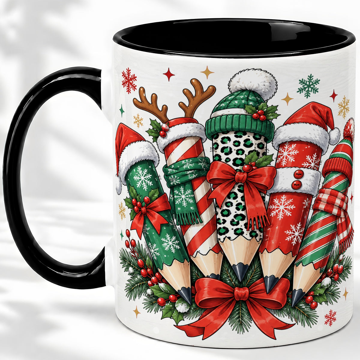 #pl[11oz|Black] Christmas Pencil Accent Mug, Ceramic Mug for Teacher Desk Use