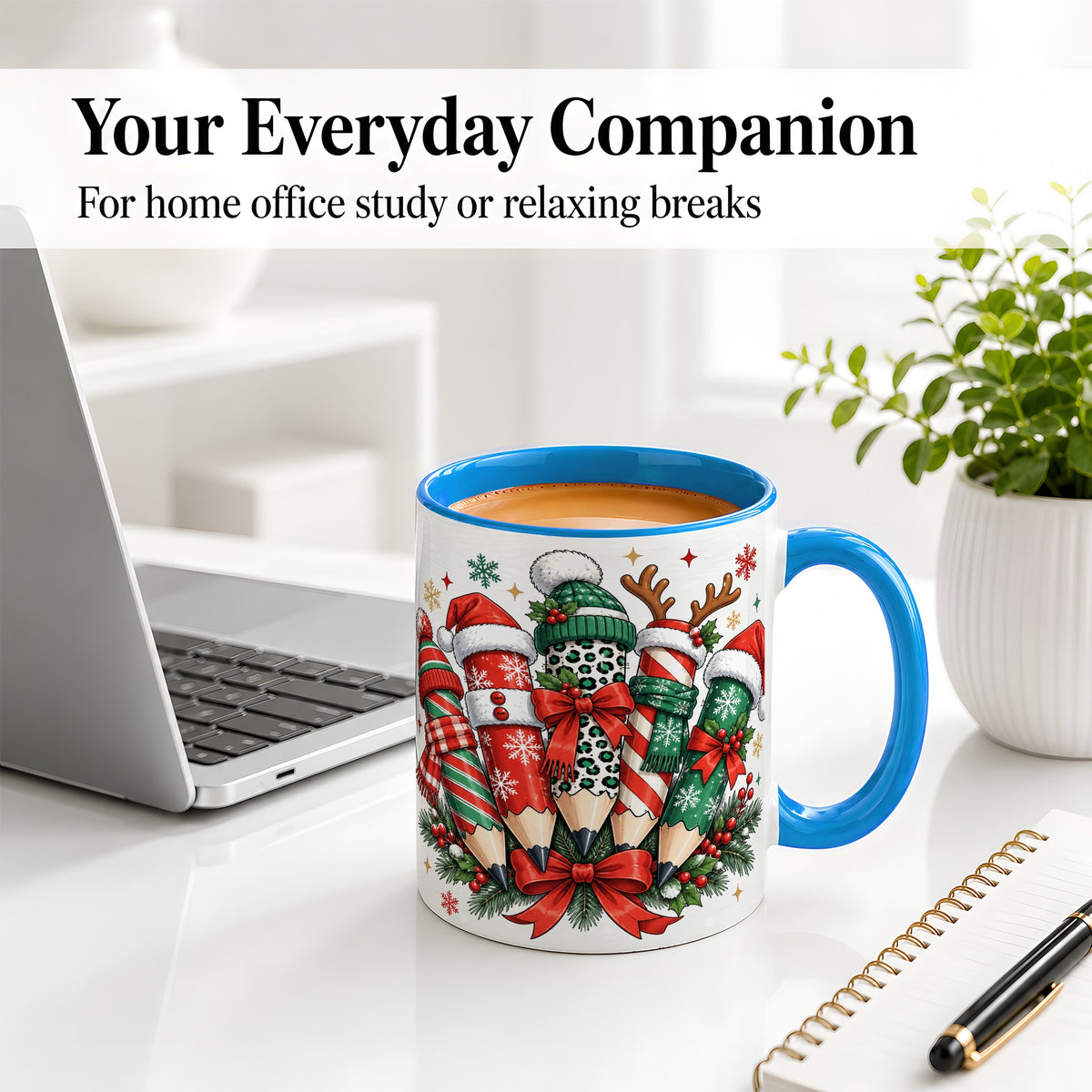 #pl[11oz|Blue] Christmas Pencil Accent Mug, Ceramic Mug for Teacher Desk Use