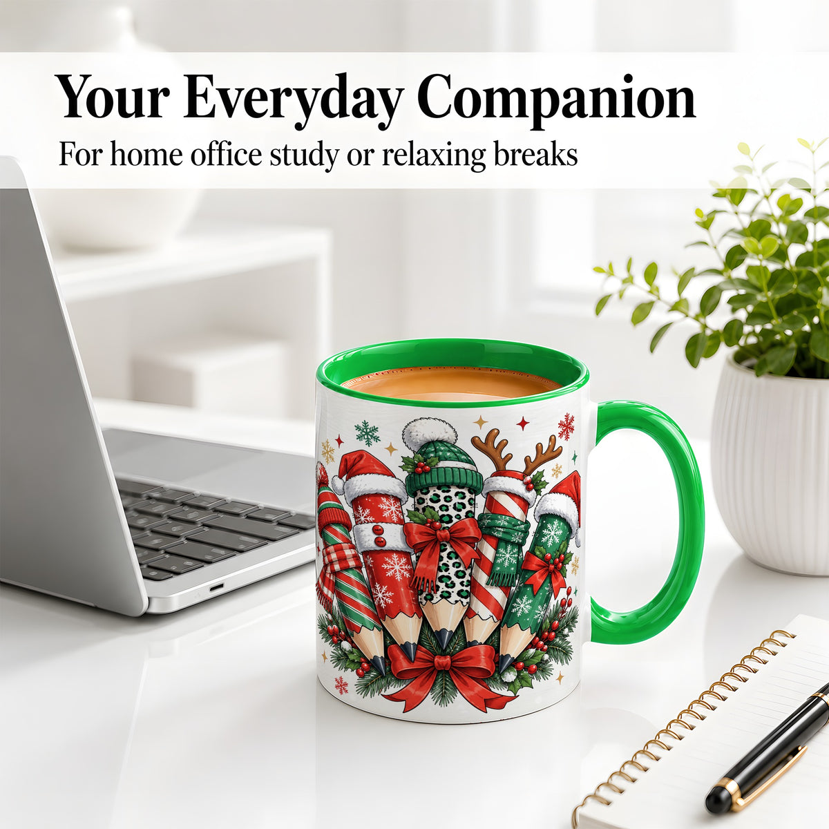 #pl[11oz|Green] Christmas Pencil Accent Mug, Ceramic Mug for Teacher Desk Use