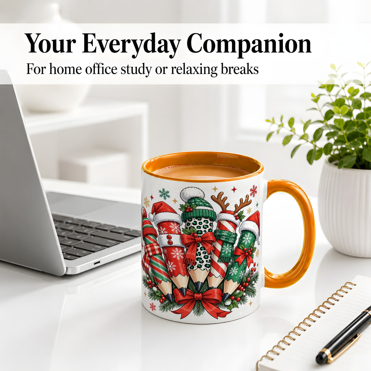 #pl[11oz|Orange] Christmas Pencil Accent Mug, Ceramic Mug for Teacher Desk Use