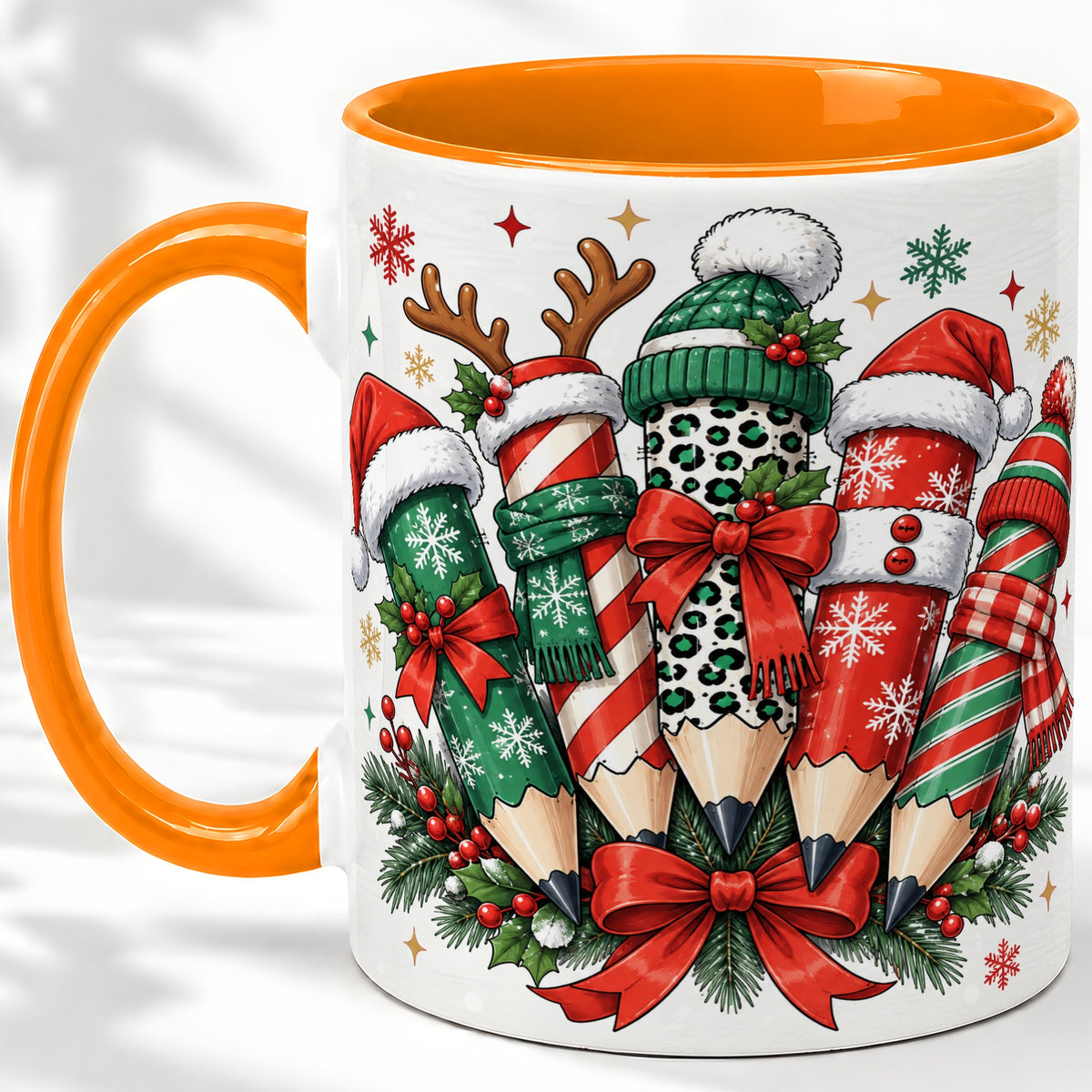 #pl[11oz|Orange] Christmas Pencil Accent Mug, Ceramic Mug for Teacher Desk Use