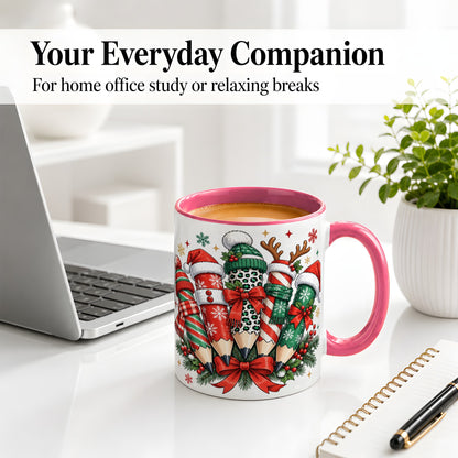#pl[11oz|Pink] Christmas Pencil Accent Mug, Ceramic Mug for Teacher Desk Use