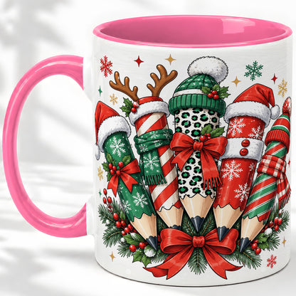 #pl[11oz|Pink] Christmas Pencil Accent Mug, Ceramic Mug for Teacher Desk Use
