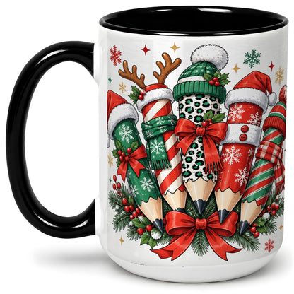 #pl[15oz|Black] Christmas Pencil Accent Mug, Ceramic Mug for Teacher Desk Use