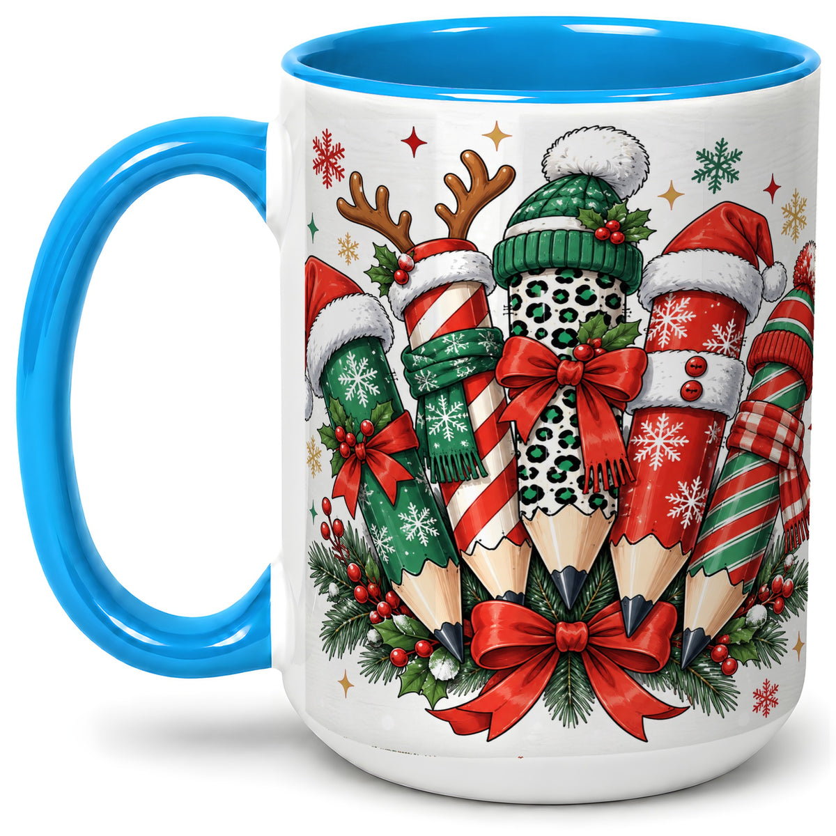 #pl[15oz|Blue] Christmas Pencil Accent Mug, Ceramic Mug for Teacher Desk Use