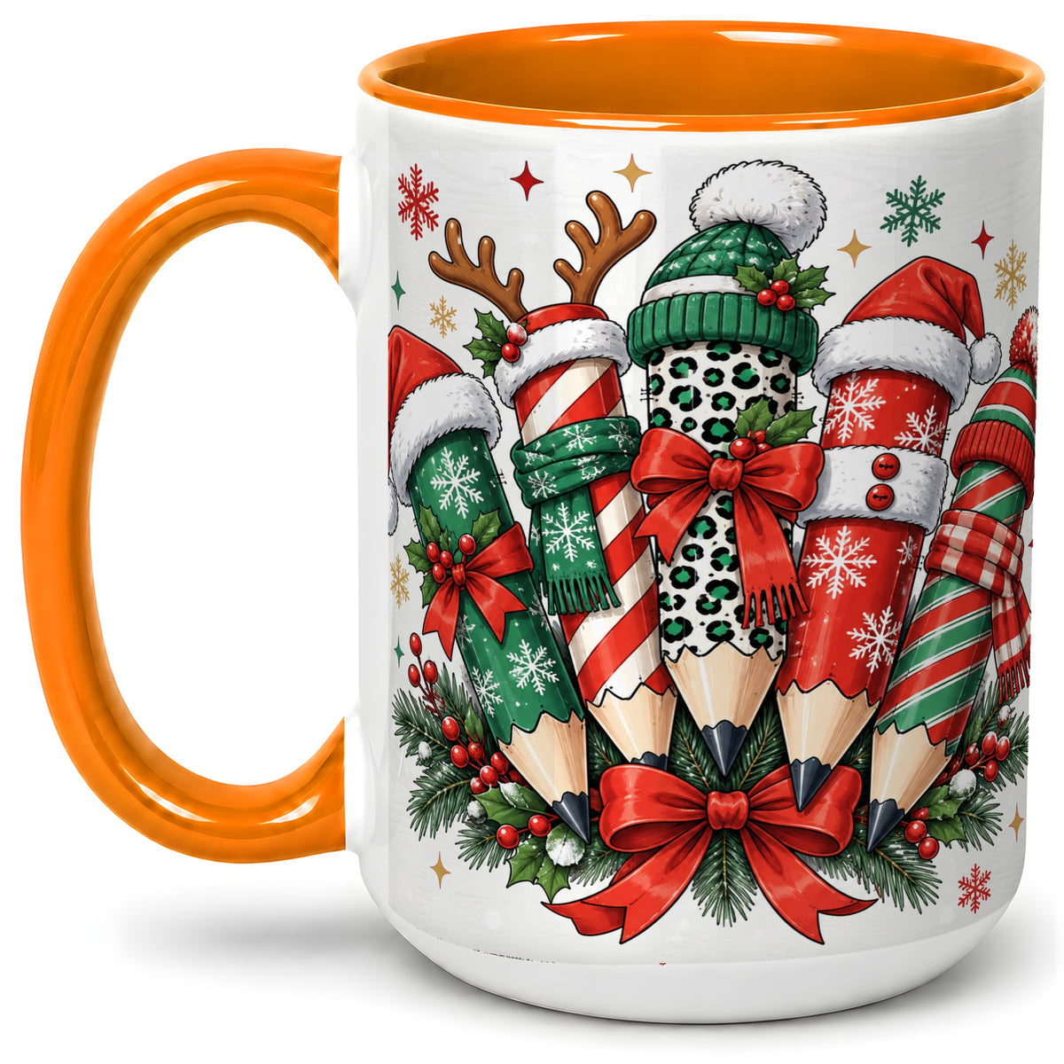 #pl[15oz|Orange] Christmas Pencil Accent Mug, Ceramic Mug for Teacher Desk Use