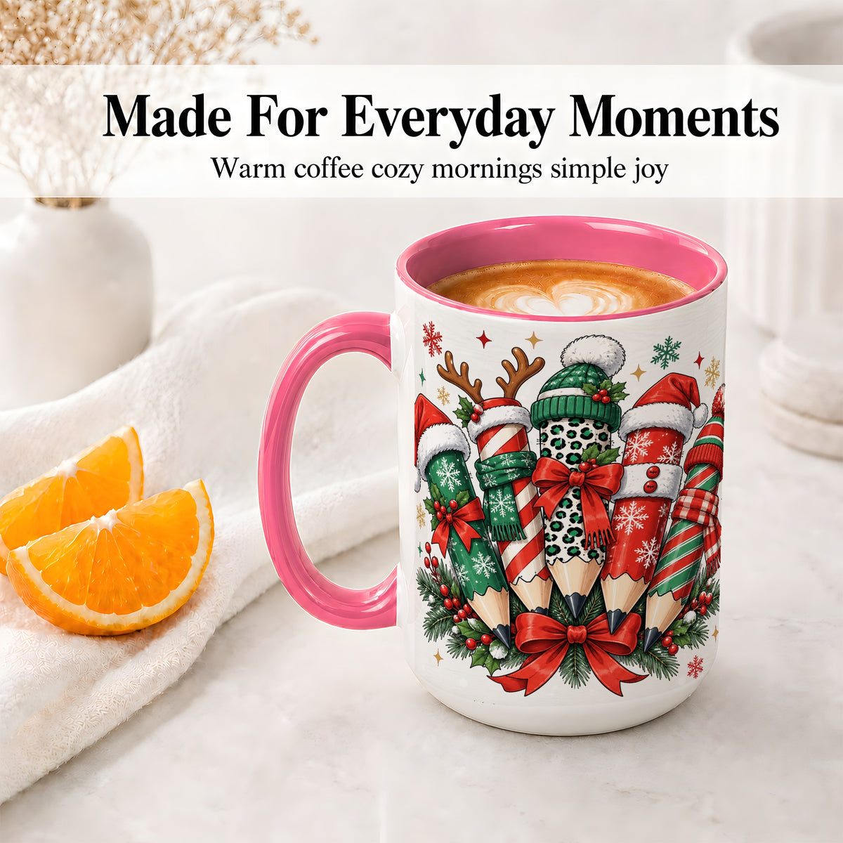 #pl[15oz|Pink] Christmas Pencil Accent Mug, Ceramic Mug for Teacher Desk Use