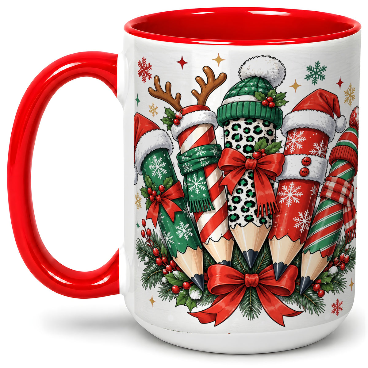 #pl[15oz|Red] Christmas Pencil Accent Mug, Ceramic Mug for Teacher Desk Use