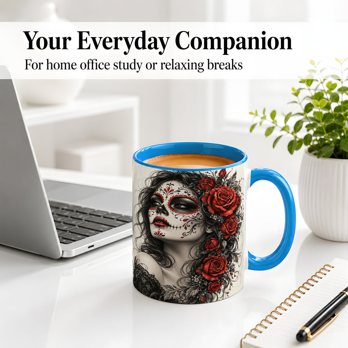#pl[11oz|Blue] Sugar Skull Rose Accent Mug, Ceramic Mug for Gothic Art Fans