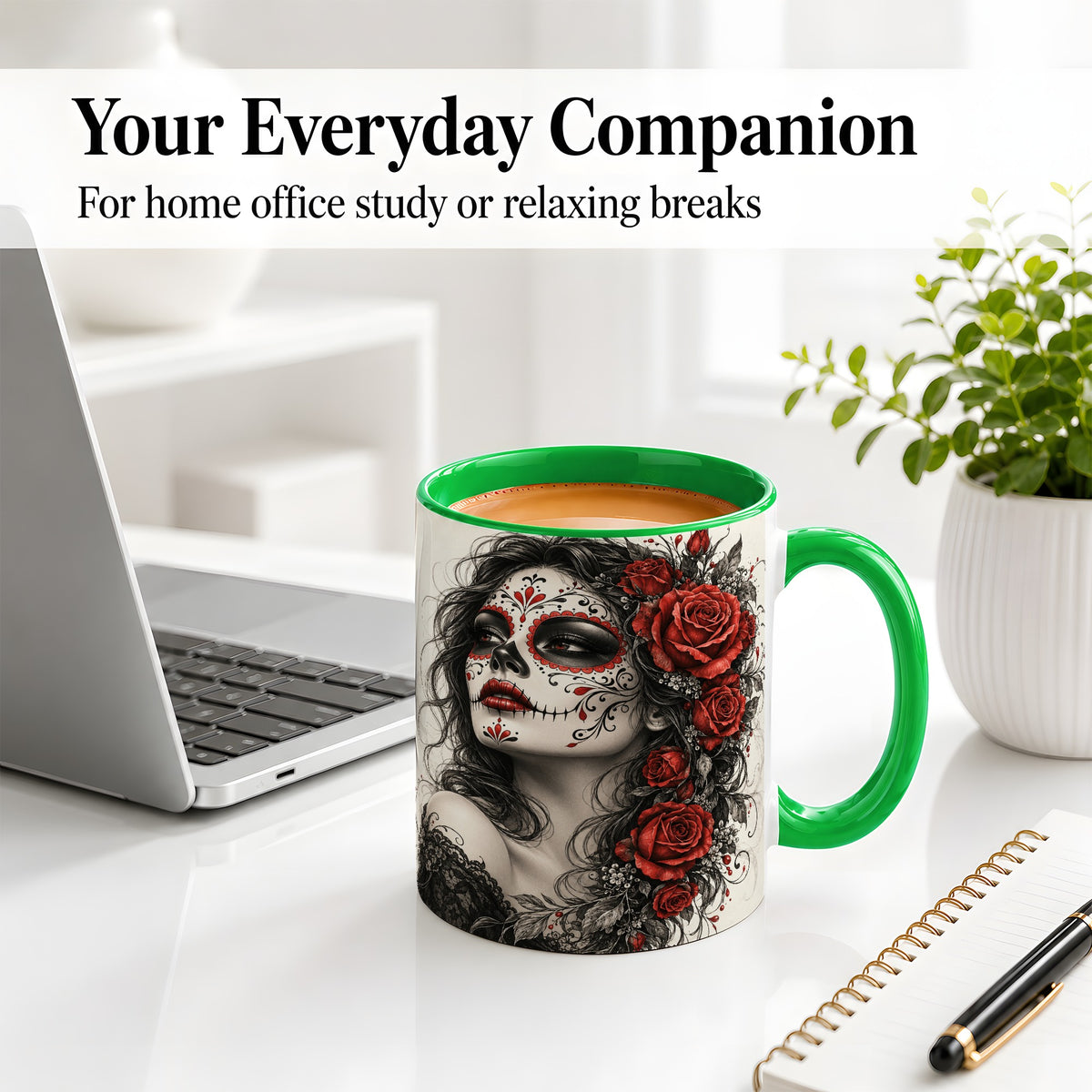 #pl[11oz|Green] Sugar Skull Rose Accent Mug, Ceramic Mug for Gothic Art Fans