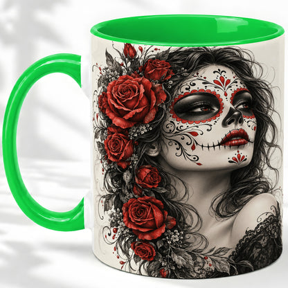 #pl[11oz|Green] Sugar Skull Rose Accent Mug, Ceramic Mug for Gothic Art Fans