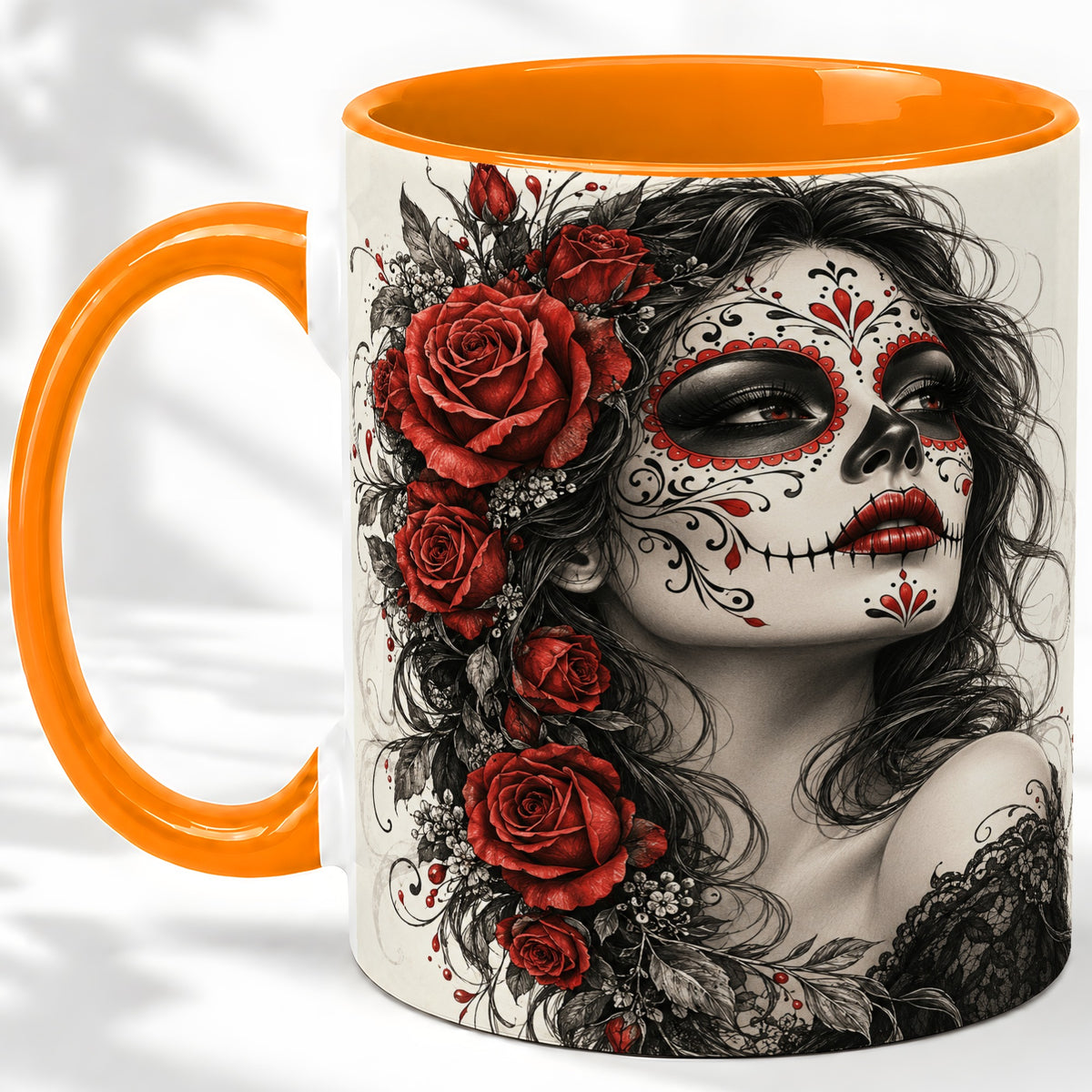 #pl[11oz|Orange] Sugar Skull Rose Accent Mug, Ceramic Mug for Gothic Art Fans
