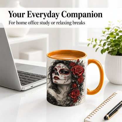 #pl[11oz|Orange] Sugar Skull Rose Accent Mug, Ceramic Mug for Gothic Art Fans