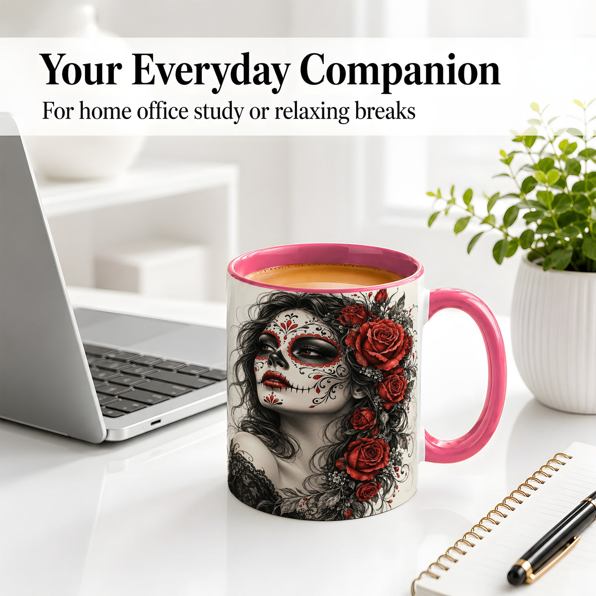 #pl[11oz|Pink] Sugar Skull Rose Accent Mug, Ceramic Mug for Gothic Art Fans