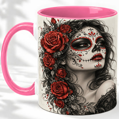 #pl[11oz|Pink] Sugar Skull Rose Accent Mug, Ceramic Mug for Gothic Art Fans