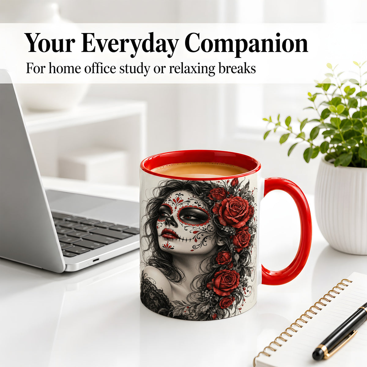 #pl[11oz|Red] Sugar Skull Rose Accent Mug, Ceramic Mug for Gothic Art Fans