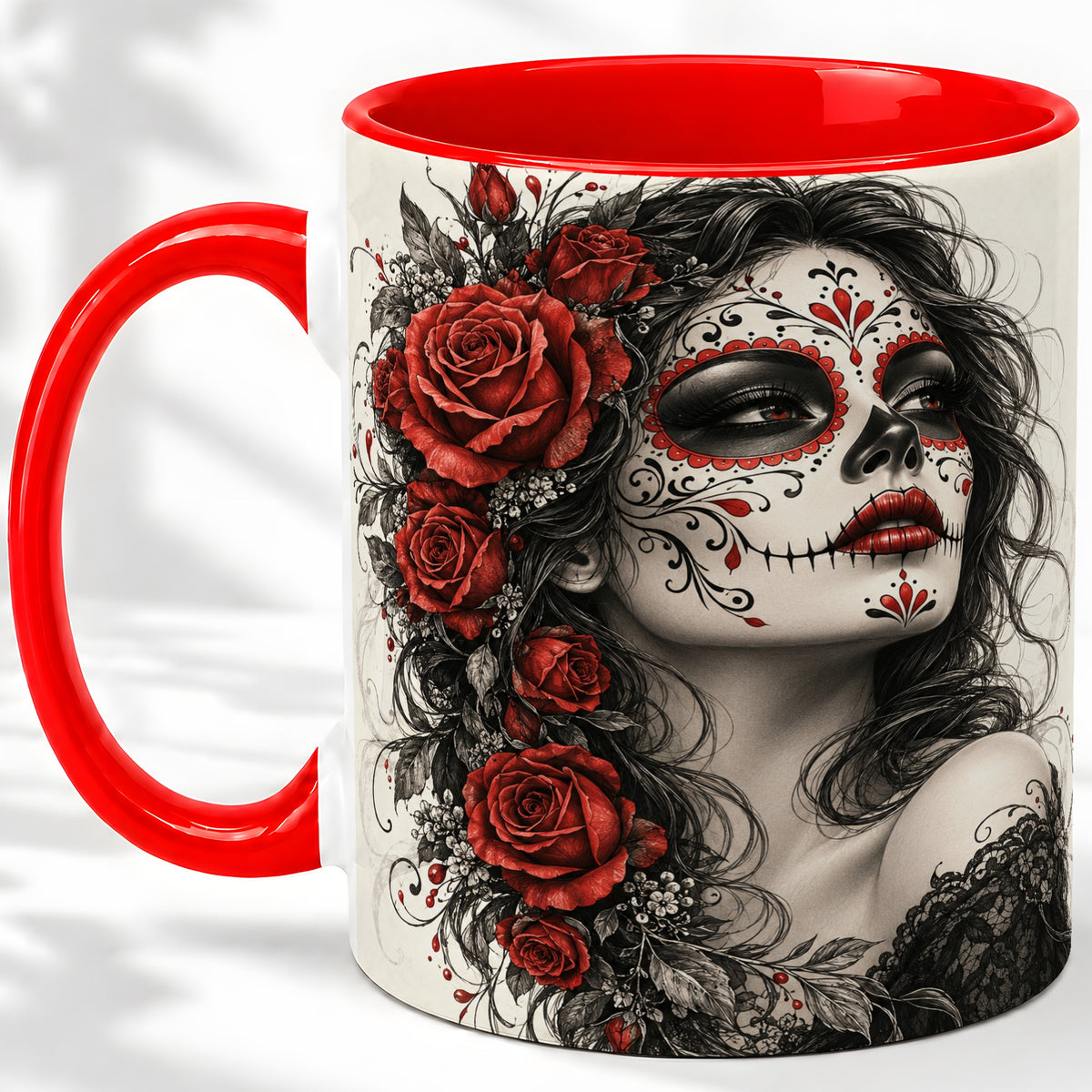 Sugar Skull Rose Accent Mug, Ceramic Mug for Gothic Art Fans
