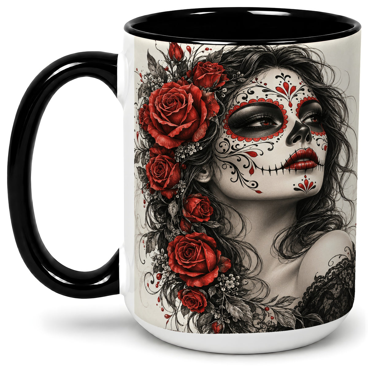 #pl[15oz|Black] Sugar Skull Rose Accent Mug, Ceramic Mug for Gothic Art Fans