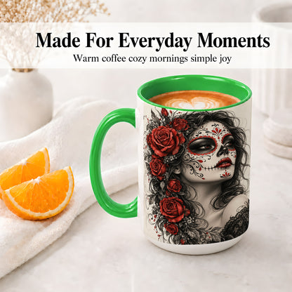 #pl[15oz|Green] Sugar Skull Rose Accent Mug, Ceramic Mug for Gothic Art Fans