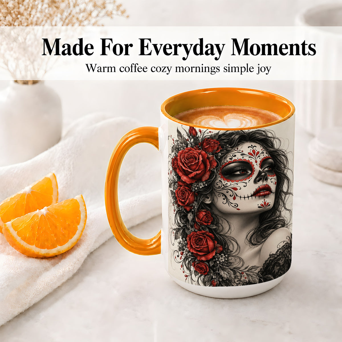 #pl[15oz|Orange] Sugar Skull Rose Accent Mug, Ceramic Mug for Gothic Art Fans