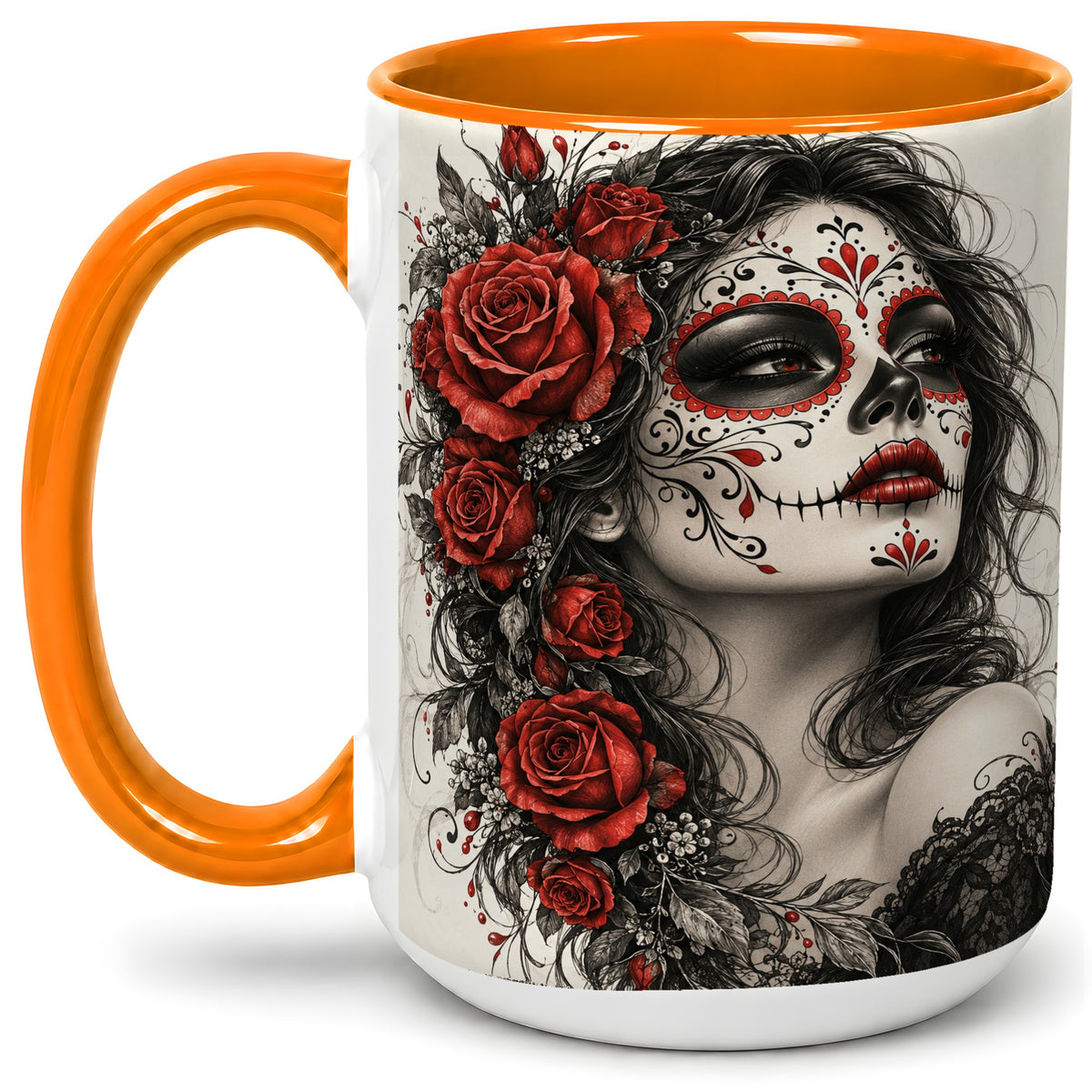 #pl[15oz|Orange] Sugar Skull Rose Accent Mug, Ceramic Mug for Gothic Art Fans
