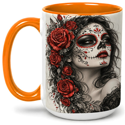 #pl[15oz|Orange] Sugar Skull Rose Accent Mug, Ceramic Mug for Gothic Art Fans