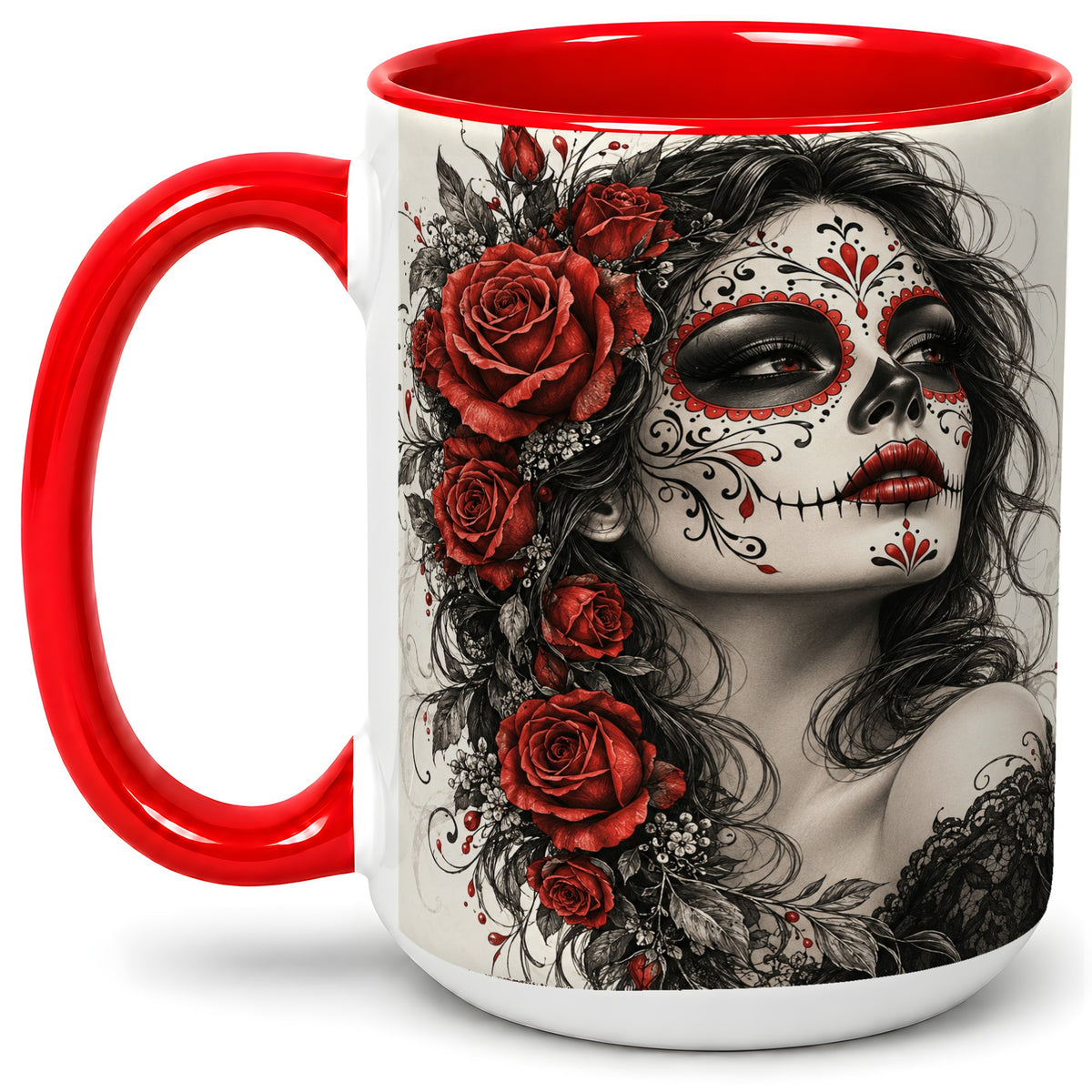 #pl[15oz|Red] Sugar Skull Rose Accent Mug, Ceramic Mug for Gothic Art Fans