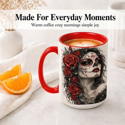 #pl[15oz|Red] Sugar Skull Rose Accent Mug, Ceramic Mug for Gothic Art Fans