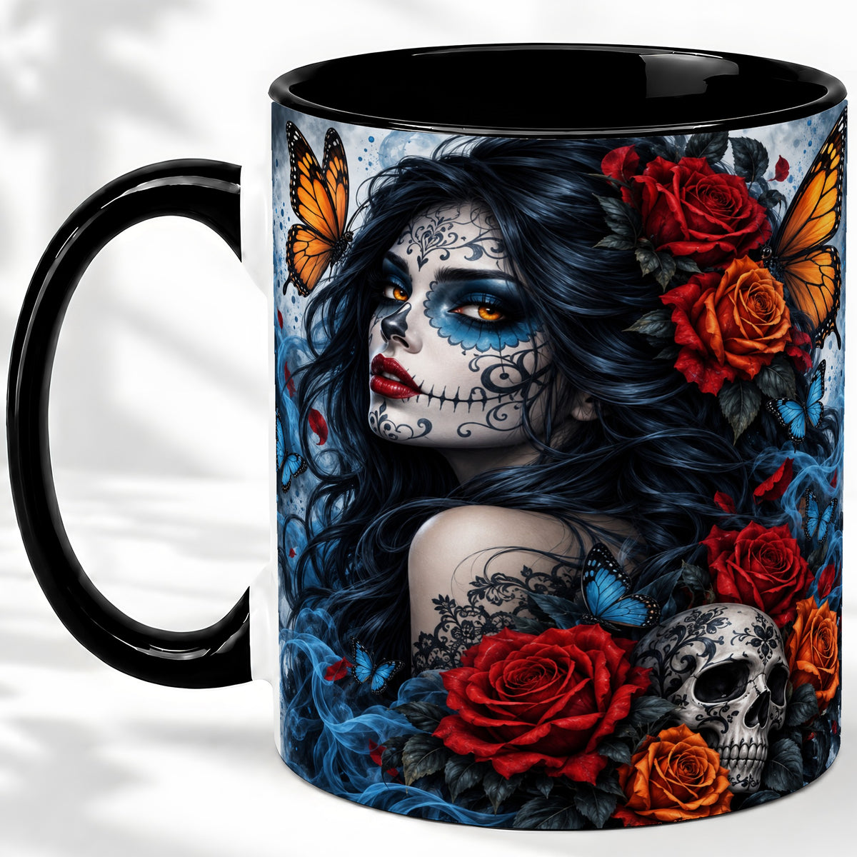 #pl[11oz|Black] Sugar Skull Butterfly Accent Mug, Ceramic Mug for Gothic Art Fans