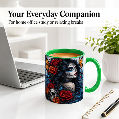 #pl[11oz|Green] Sugar Skull Butterfly Accent Mug, Ceramic Mug for Gothic Art Fans