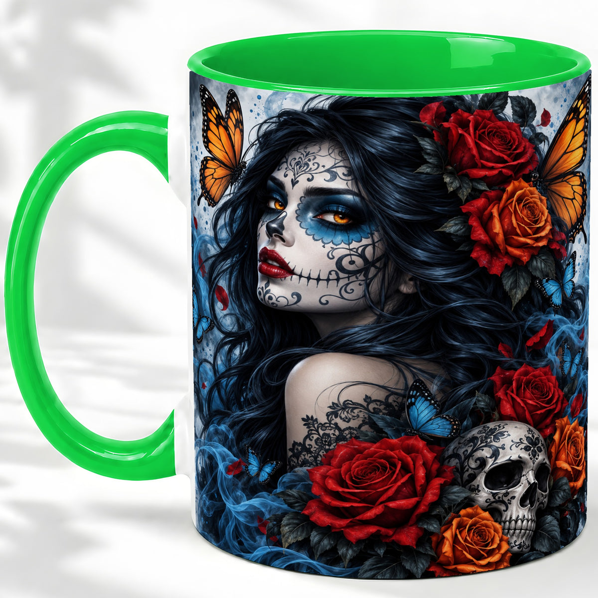 #pl[11oz|Green] Sugar Skull Butterfly Accent Mug, Ceramic Mug for Gothic Art Fans