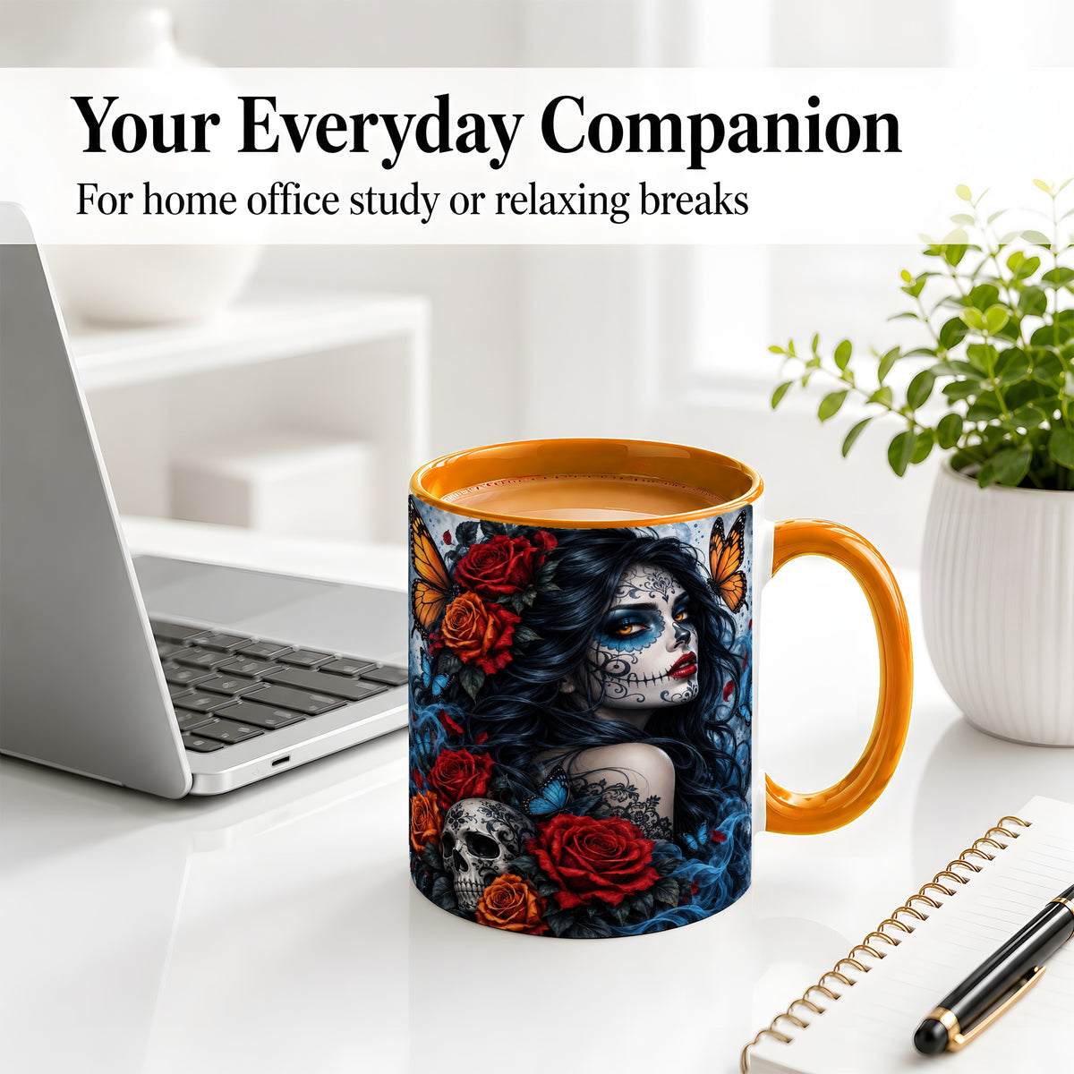 #pl[11oz|Orange] Sugar Skull Butterfly Accent Mug, Ceramic Mug for Gothic Art Fans