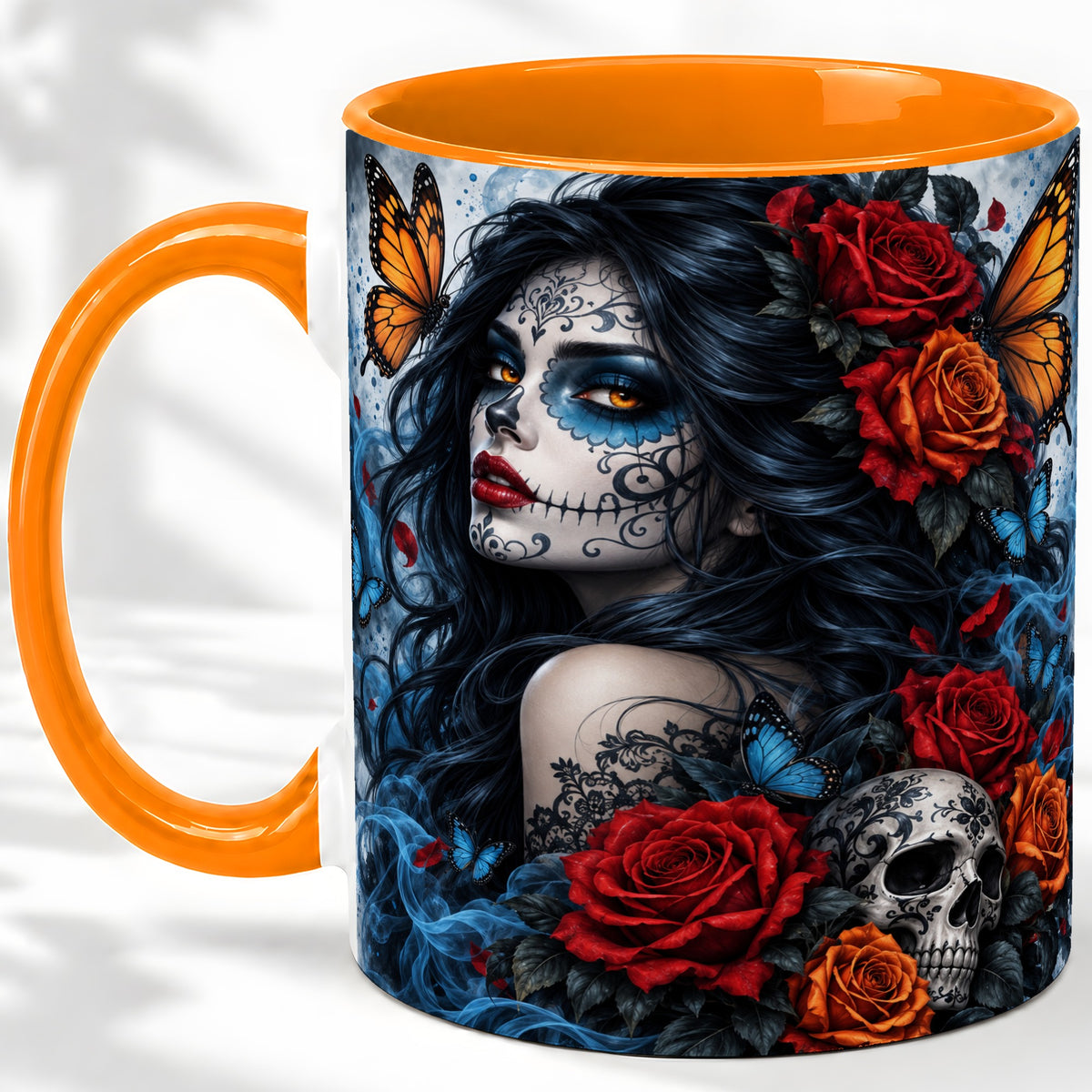 #pl[11oz|Orange] Sugar Skull Butterfly Accent Mug, Ceramic Mug for Gothic Art Fans