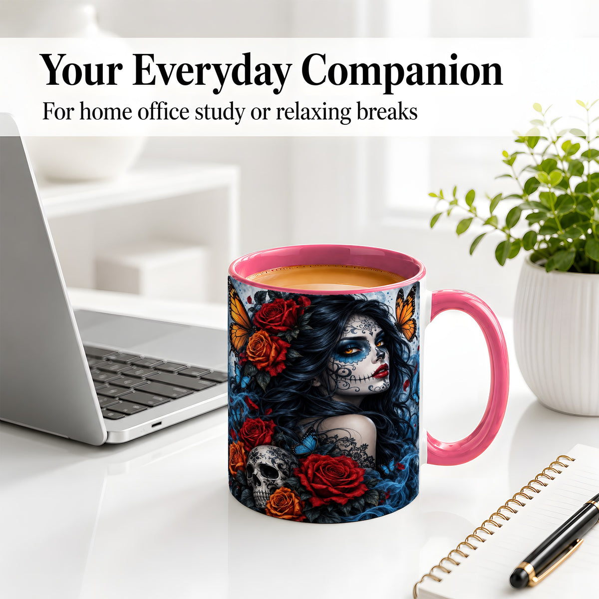 #pl[11oz|Pink] Sugar Skull Butterfly Accent Mug, Ceramic Mug for Gothic Art Fans